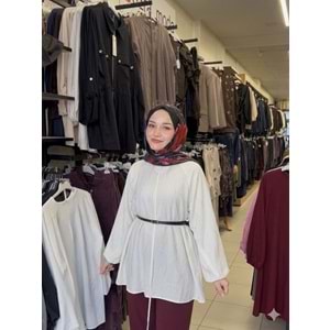 Balon Kol Fermuar Detaylı Kemerli Gömlek 26882 - Beyaz - M