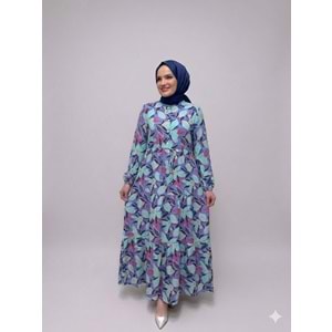 Bahar Desenli Elbise 1922 - Mavi - 50-52 - AZRA08237-64332