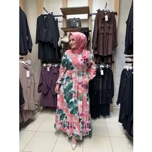 Bahar Desenli Elbise 1922 - Pembe - 38-40 - AZRA08237-64333