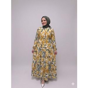 Bahar Desenli Elbise 1922 - Sarı - 46-48 - AZRA08237-64339
