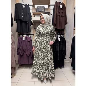 Bahar Desenli Elbise 1922 - Yeşil - 46-48 - AZRA08237-64347