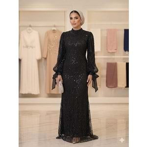 Boncuk ve Pullu Battal Abiye Elbise 4784 - Siyah - 48