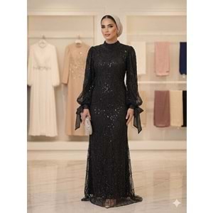 Boncuk ve Pullu Battal Abiye Elbise 4784 - Siyah - 50