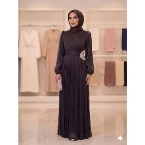 Yanı Taşlı Janjan Abiye Elbise af11 4756 - Acı Kahve - 38