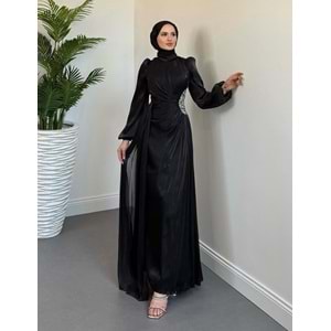 Yanı Taşlı Janjan Abiye Elbise af11 4756 - Siyah - 40