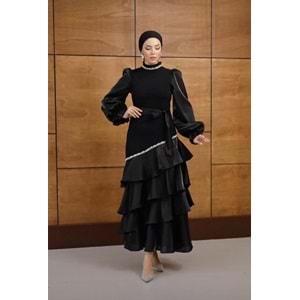 Yakası Taşlı Fırfırlı Abiye Elbise af11 4793 - Siyah - 46