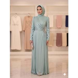 Yanı Taşlı Fırfırlı Abiye Elbise af11 17037 - Mint Yeşili - 40