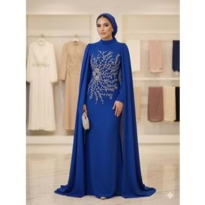 Kristal Taşlı Abiye Elbise 12583 - Saks Mavi - 40