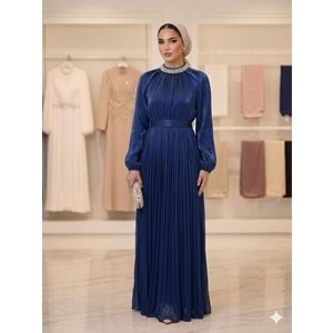 Taşlı Yaka İşlemeli Abiye Elbise af11 17001 - Lacivert - 40