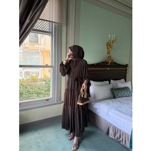 Yakası Çiçek Detaylı Reglan Kol Elbise 26068 - Kahve Rengi - 42-44 - AZRA08340-65449