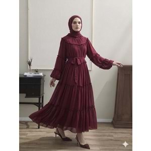 Şifon Fırfırlı Elbise 9886 - Bordo - TEK BEDEN - AZRA08341-65462