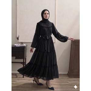 Şifon Fırfırlı Elbise 9886 - Siyah - TEK BEDEN - AZRA08341-65464