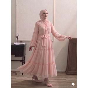 Şifon Fırfırlı Elbise 9886 - Toz Pembe - TEK BEDEN - AZRA08341-65465