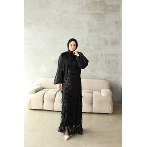 Etek Tüylü Taşlı Abiye Elbise 2974 - Siyah - 40 - AZRA08350-65592