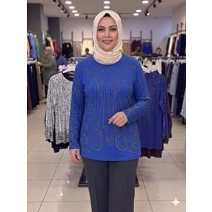 Likralı Taşlı Bluz 2200 - Saks Mavi - L - AZRA08432-66338