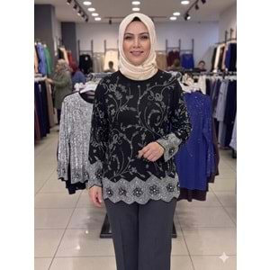 Taşlı Çiçekli Bluz 066 - Gümüş - L - AZRA08435-66355