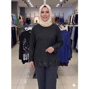 Taşlı Çiçekli Bluz 066 - Siyah - L - AZRA08435-66358
