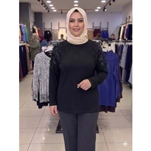 Omuzları Çiçekli Bluz 005 - Siyah - L - AZRA08436-66365