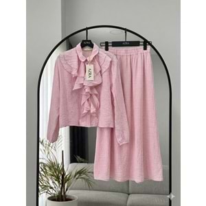 Müslin Kumaş Önü Volanlı Etekli Takım 26965 - Pembe - L