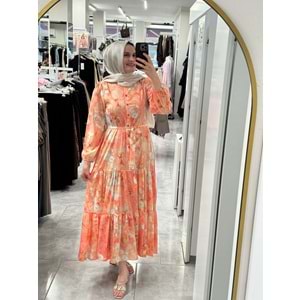 Puane Çiçek Baskılı Elbise 12710 - Oranj - L-XL