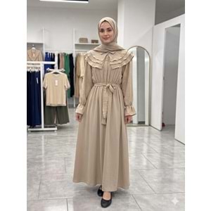 Omuzları Fırfırlı Elbise 2427 - Bej - S-M