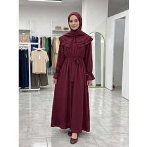 Omuzları Fırfırlı Elbise 2427 - Bordo - S-M