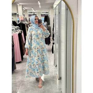 Çiçekli Elbise 1104- Mavi - L-XL