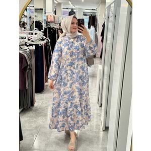 Çiçekli Modal Elbise 1104 - Mavi - L-XL