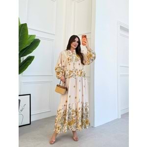 Bahar Desenli Elbise 2209 - Sarı - L-XL - AZRA08843-69347