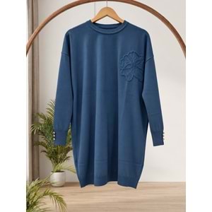 Yanı Çiçekli Merserize Tunik 3303 - İndigo - TEK BEDEN
