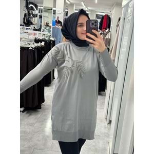 Yaprak Desen Merserize Tunik 3385 - Gri - TEK BEDEN