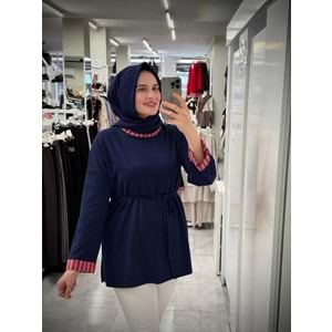 Yaka Manşet Garnili Tunik 931 - Lacivert - S-M - AZRA09044-70787