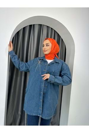 Yıldız Taşlı Denim Ceket 11292 - Mavi - M - AZRA03522-Mavi-M