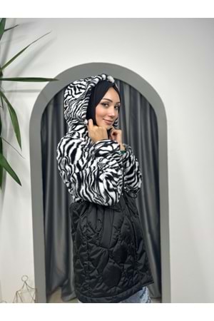 Animal Desenli Kapişonlu Mont 31275 - Siyah - M - AZRA03562-Siyah-M