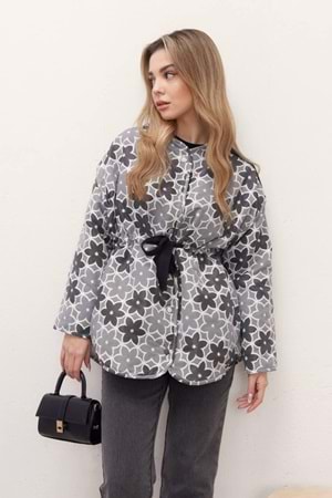 Begonia Çiçek Desenli Ceket 6185 - Gri - L-XL - AZRA04089-Gri-L-XL