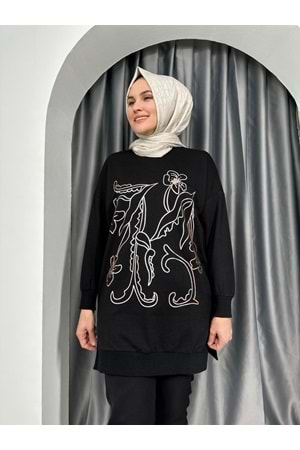 Puane Önü Çiçek Detaylı Tunik 10448 - Siyah - L-XL - AZRA04211-Siyah-L-XL