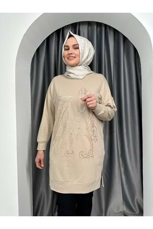 Puane Önü Çiçek Detaylı Tunik 10448 - Sütlü Kahve - L-XL - AZRA04211-Sütlü Kahve-L-XL