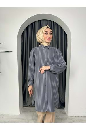 Uzun Çizgili Linda Gömlek 710 - Gri - L-XL - AZRA04286-Gri-L-XL