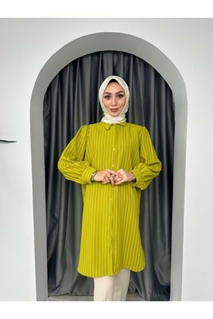 Uzun Çizgili Linda Gömlek 710 - Yağ Yeşili - S-M - AZRA04286-Yağ Yeşili-S-M