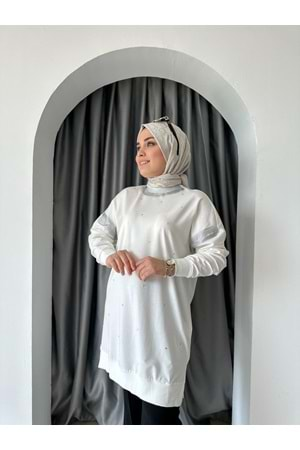 Puane Varak Ve Taş İşlemeli Tunik 10457 - Ekru - L-XL