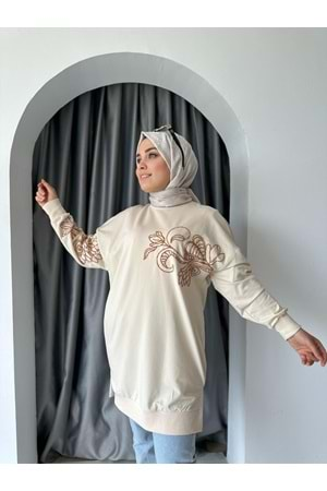 Puane Pul Çiçek Detaylı Tunik 10449 - Bej - L-XL - AZRA04650-Bej-L-XL