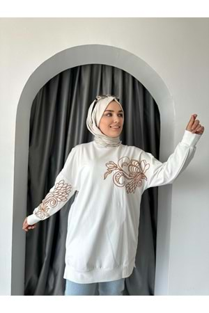 Puane Pul Çiçek Detaylı Tunik 10449 - Ekru - L-XL - AZRA04650-Ekru-L-XL