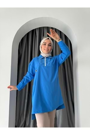 Puane Yakalı Fermuarlı Spor Tunik 10441 - Mavi - S-M - AZRA04706-Mavi-S-M