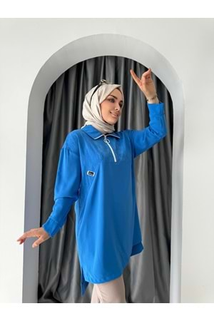 Puane Yakalı Fermuarlı Spor Tunik 10441 - Mavi - S-M - AZRA04706-Mavi-S-M