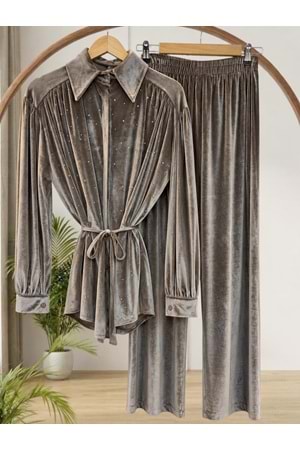 Ella Kadife Taşlı Takım 6367 - Vizon - S-M - AZRA04961-Vizon-S-M