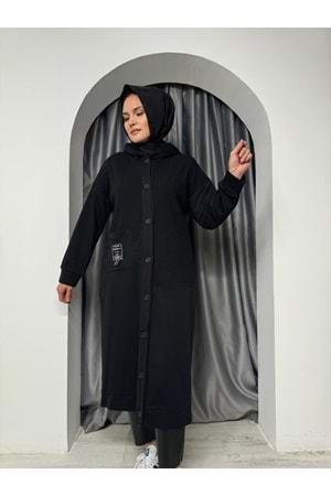 Triko Detaylı Uzun Hırka 15179 - Siyah - L - AZRA04964-Siyah-L