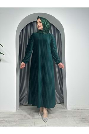 Piliseli Kadife Elbise 2275 - Zümrüt Yeşili - 38 - AZRA04978-Zümrüt Yeşili-38