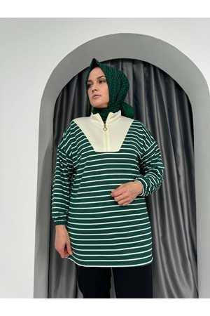 Yarım Fermuarlı Modal Çizgili Tunik 736 KS11 - Yeşil - L-XL - AZRA04980-Yeşil-L-XL