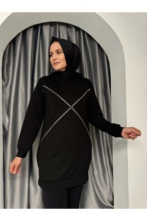 Oysho Taşlı Kapşonlu Tunik 1436 - Siyah - L-XL - AZRA04983-Siyah-L-XL