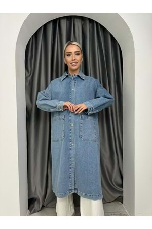 Oversize Uzun Denim Ceket 33446 - Mavi - TEK BEDEN - AZRA04994-Mavi-TEK BEDEN